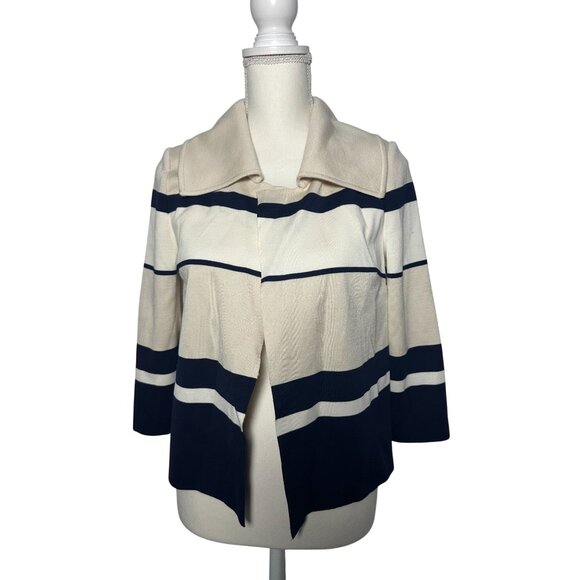 ST JOHN Striped Draped Cream Navy Sweater Jacket Size 4 - Picture 3 of 8